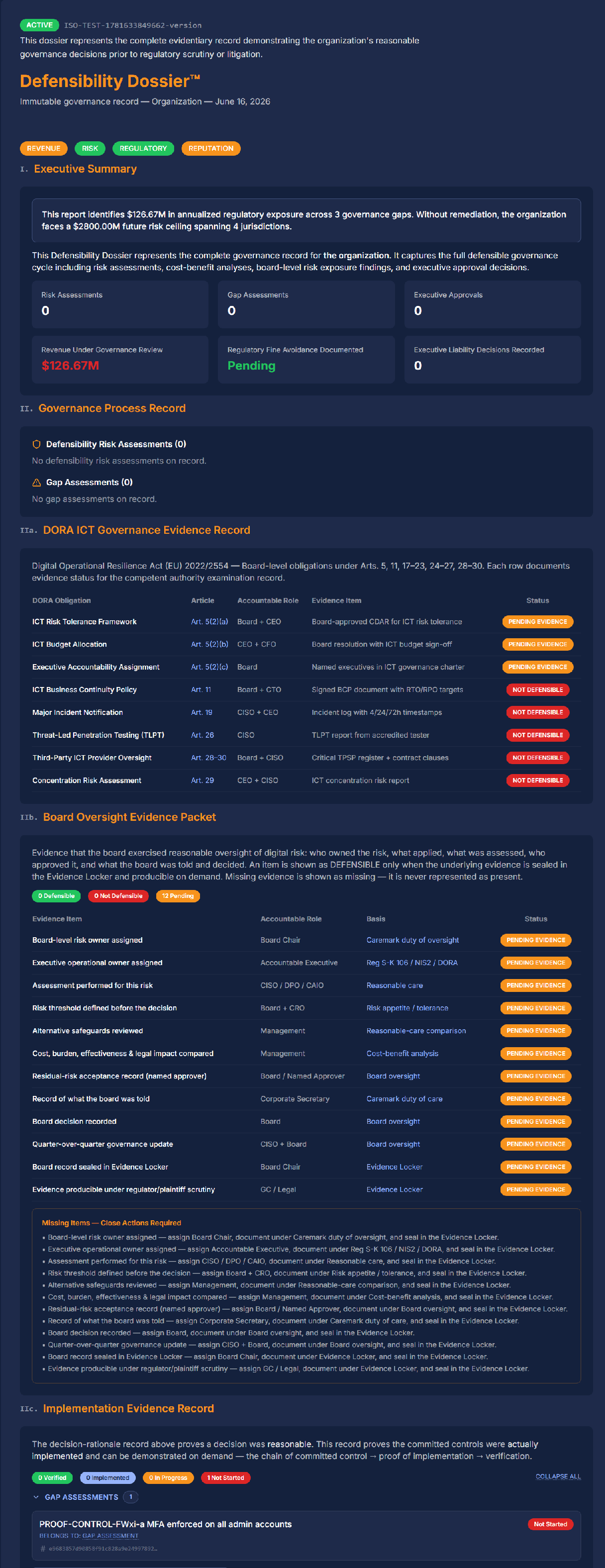 Defensibility Dossier — Immutable Governance Record